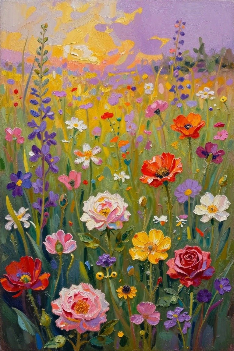 Vibrant wildflower meadow with colorful roses, poppies, and daisies at sunset