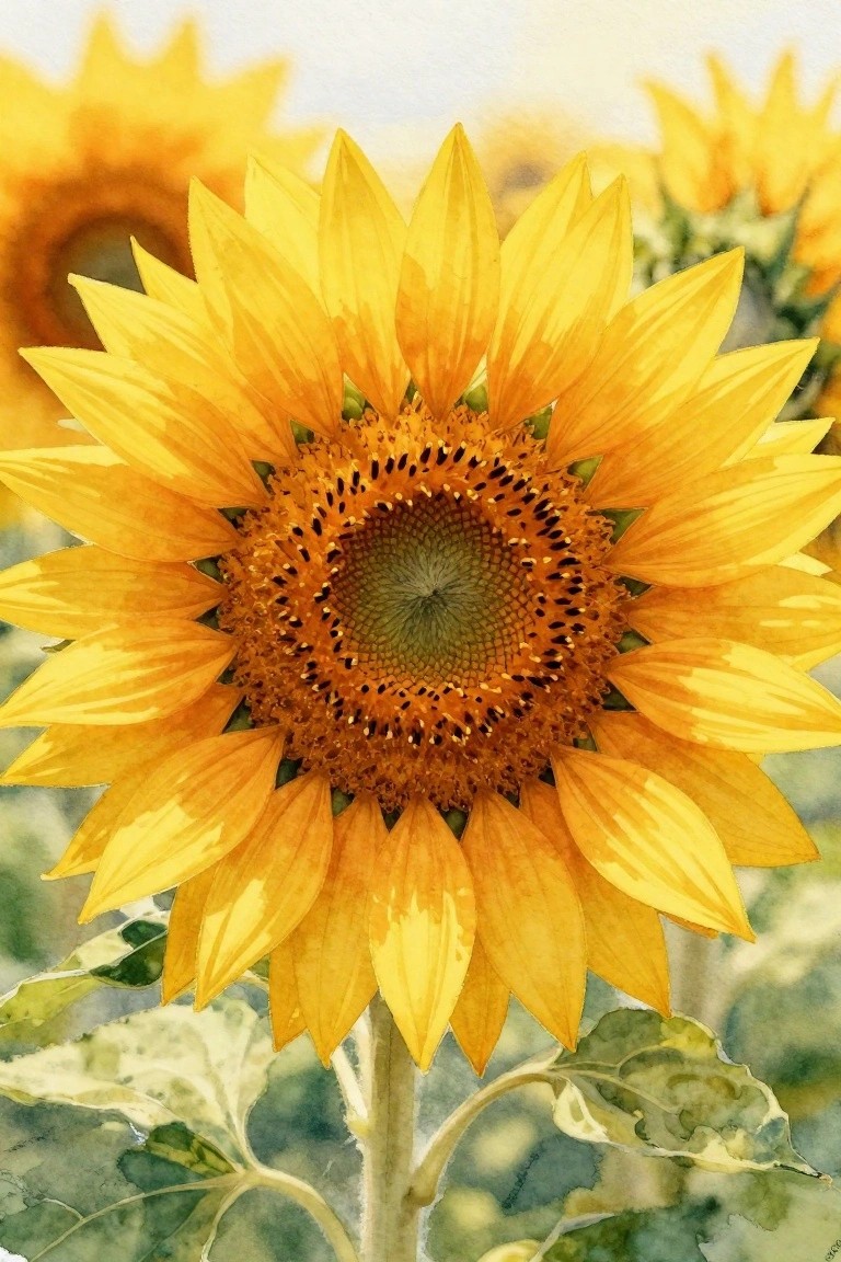Close-up watercolor painting of a bright yellow sunflower with detailed center and soft background blooms.