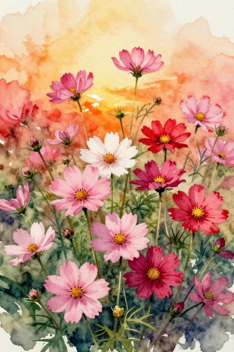 Watercolor painting of pink, red, and white cosmos flowers against a vibrant sunset sky.