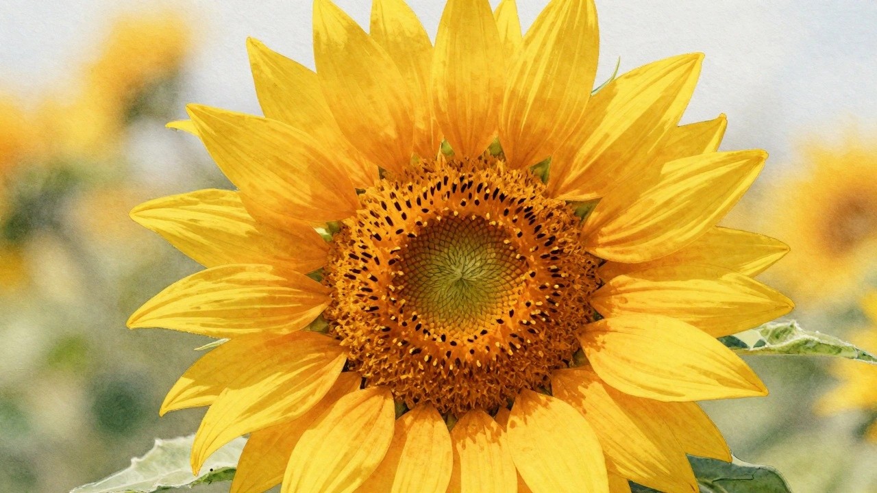 Close-up watercolor painting of a bright yellow sunflower with detailed center and soft background blooms.