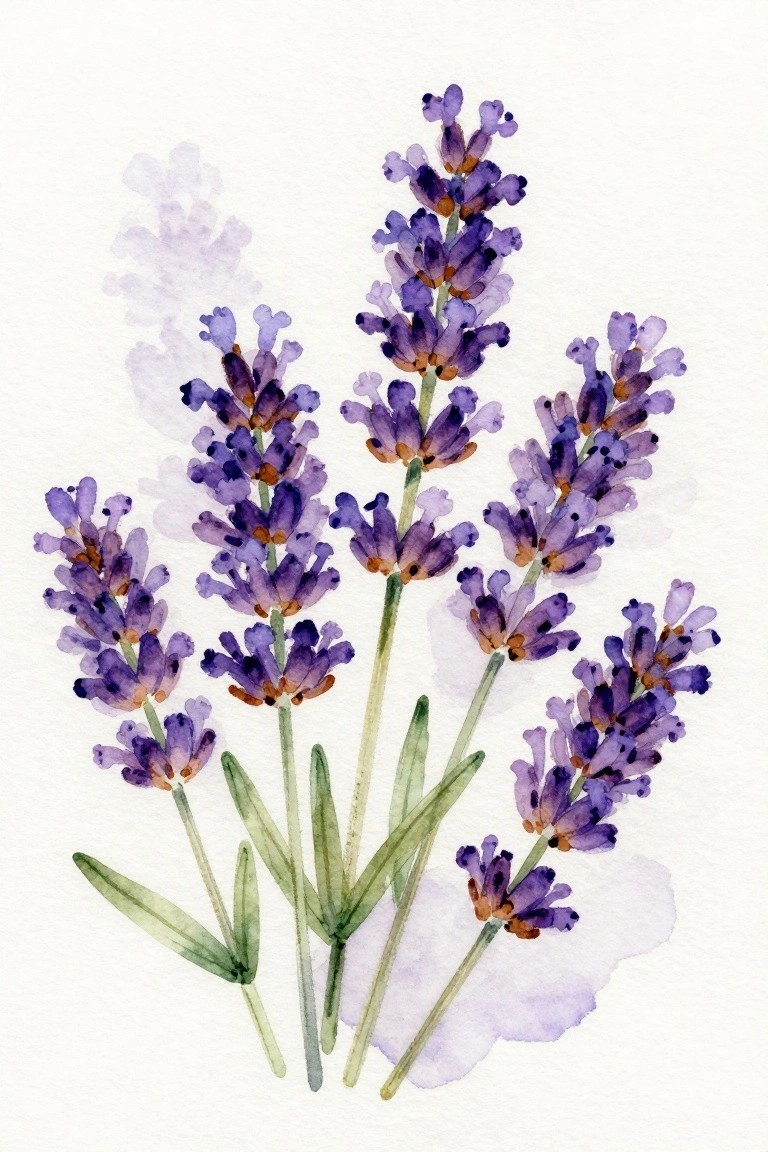 Watercolor painting of several lavender stems with purple flowers and green leaves on a white background.