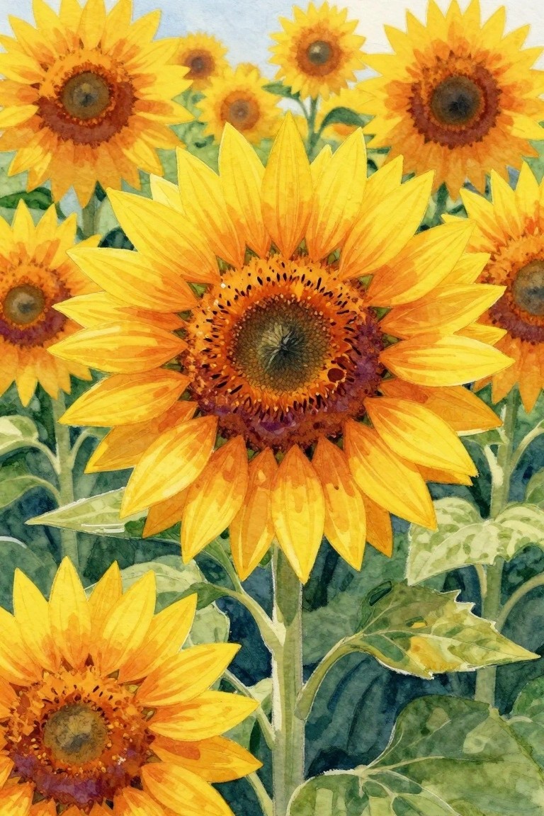 Vibrant yellow sunflowers with green leaves in a watercolor field.