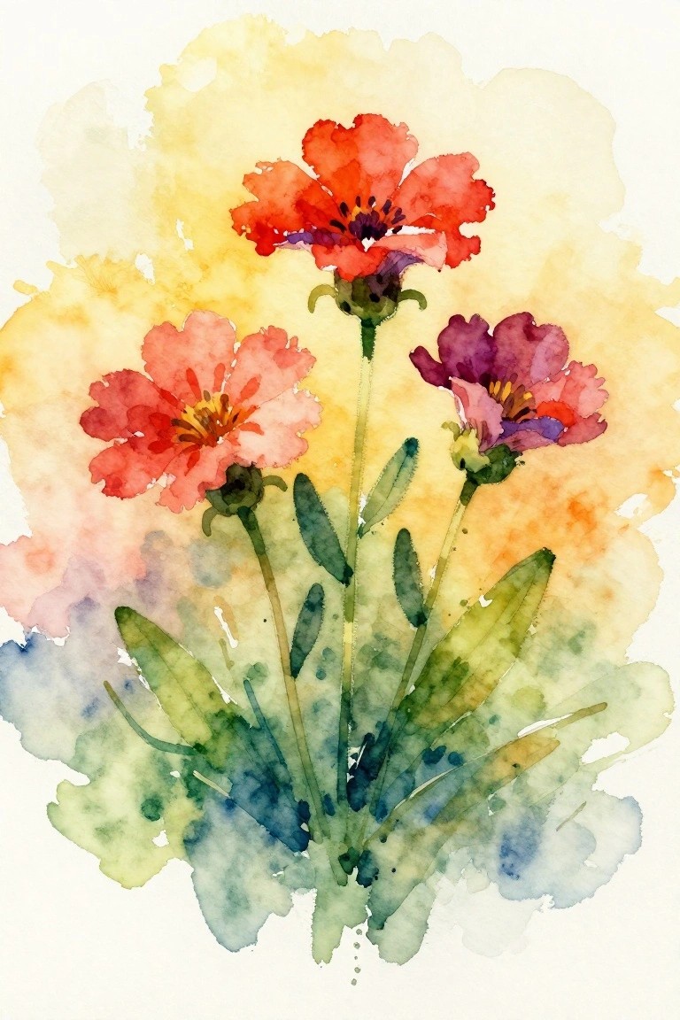Watercolor painting of three red, pink, and purple flowers with green leaves and stems.