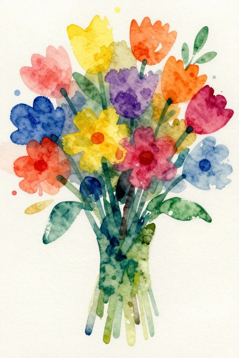 Vibrant watercolor bouquet of assorted colorful flowers with green stems and leaves