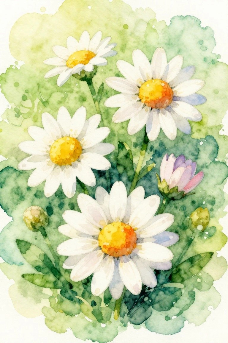 Watercolor daisies with yellow-orange centers amid green leaves, buds, and soft foliage.