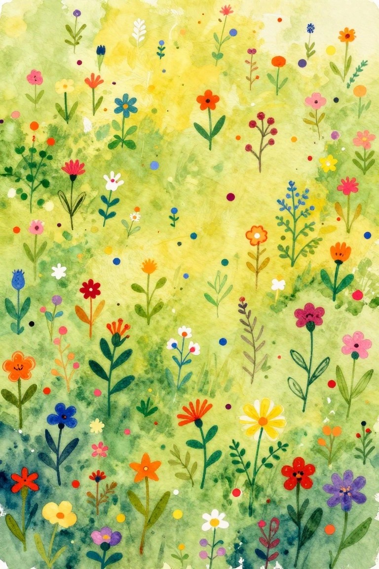 A colorful illustration of numerous small wildflowers in red, blue, orange, pink, and yellow scattered across a green and yellow watercolor background.