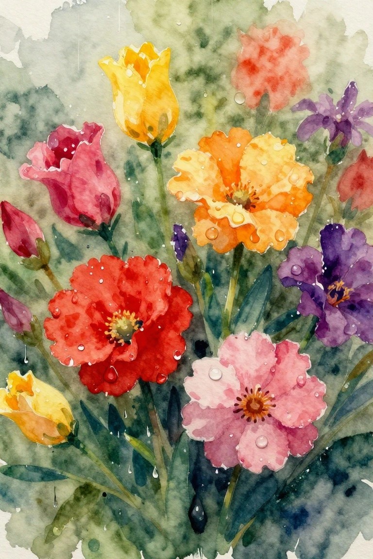 Vibrant watercolor flowers with dew drops amid green foliage and leaves