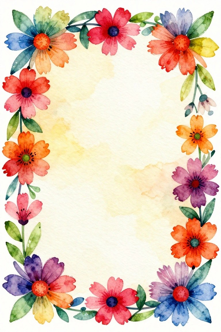 A watercolor painting of colorful flowers arranged in an oval border on white paper with a soft yellow wash in the center.