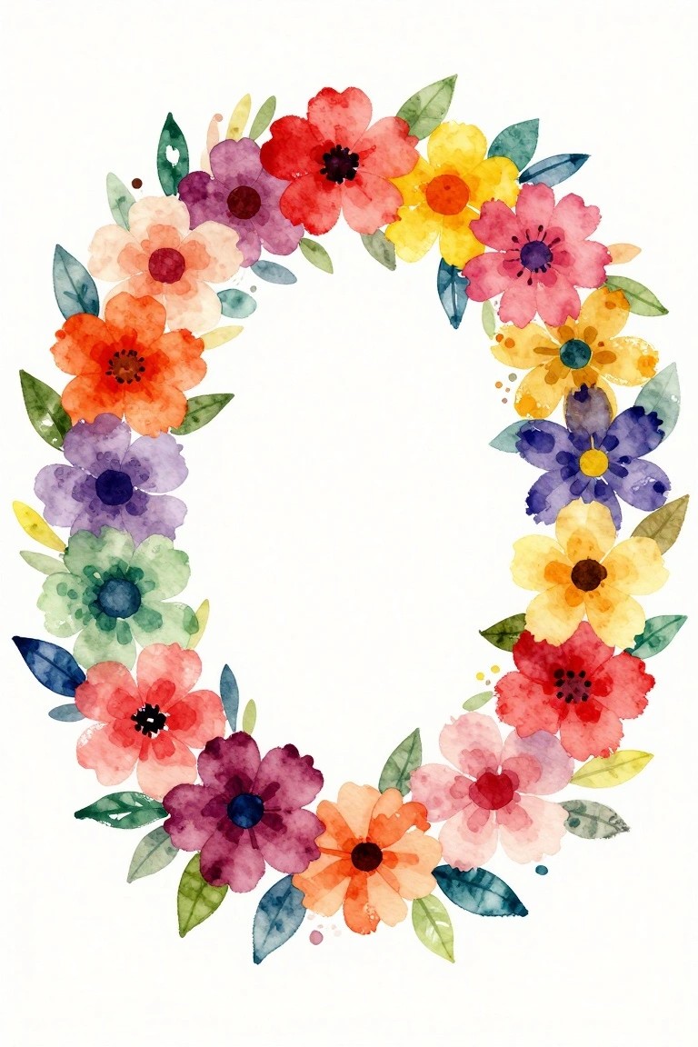 A watercolor painting of a circular wreath made of colorful flowers and green leaves with white space in the center.