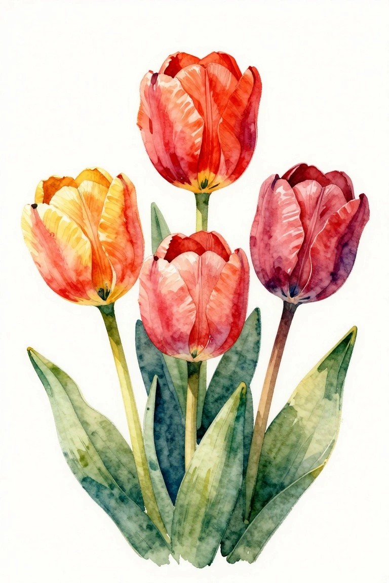 A watercolor painting of five tulips in red, orange, pink, and purple shades with green leaves at the base.