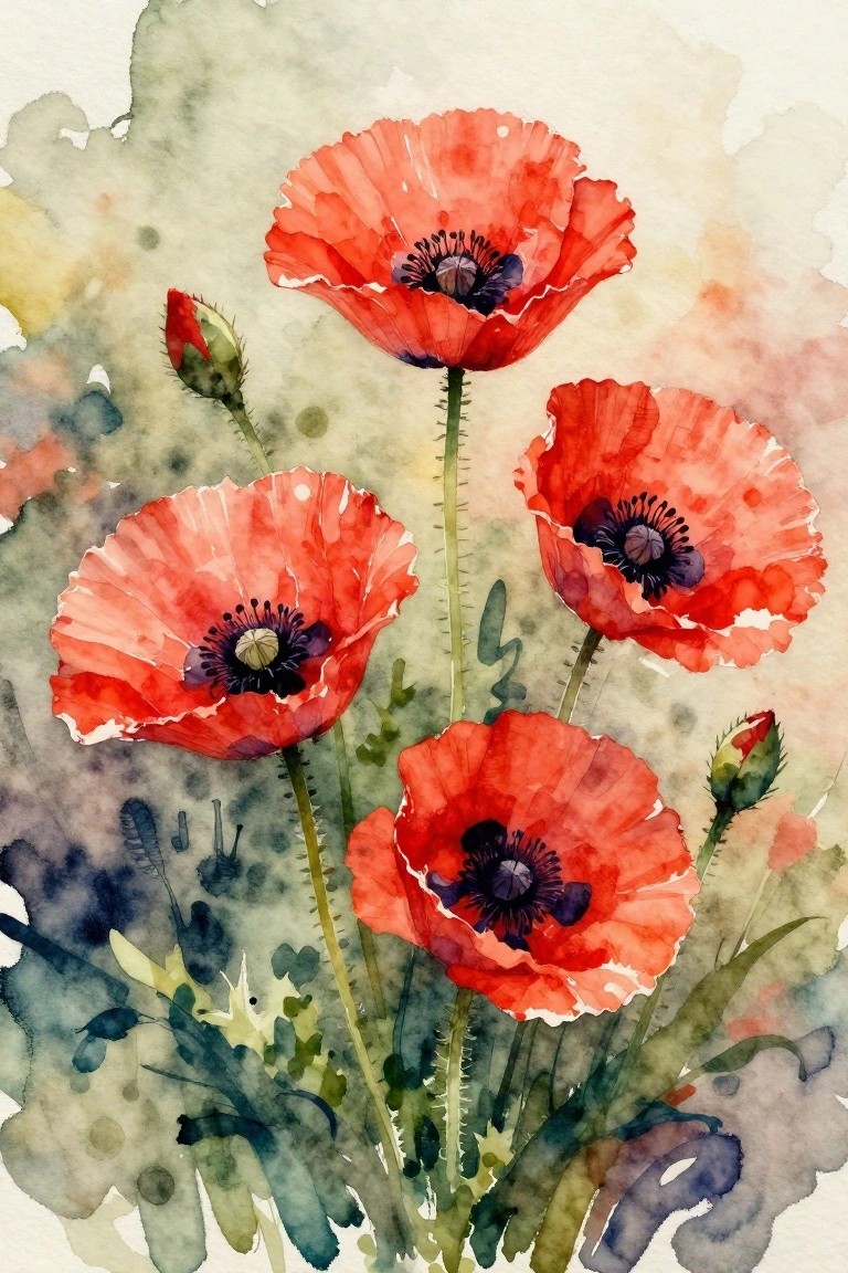 Watercolor painting of red poppies with dark centers on green stems and buds