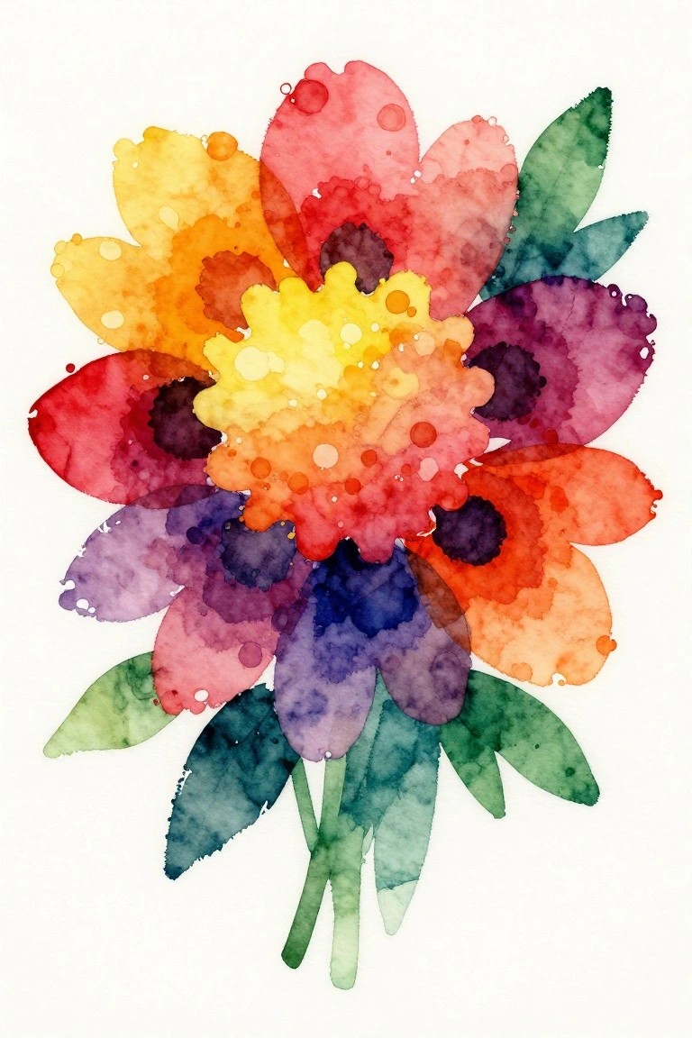 Vibrant rainbow watercolor bouquet of flowers with dark centers and green leaves.