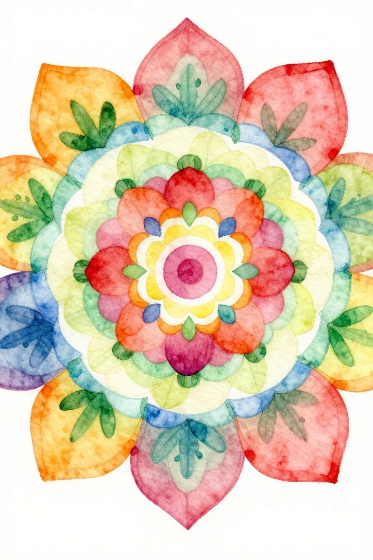 Vibrant watercolor mandala with layered rainbow floral petals in symmetrical design.