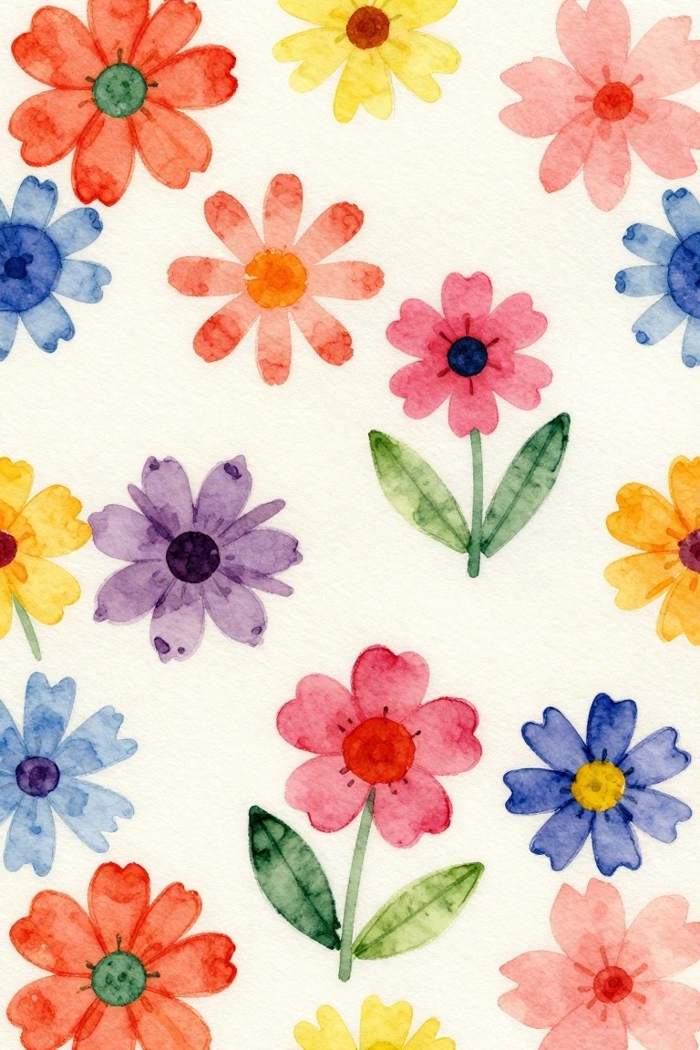 Vibrant watercolor flowers in assorted colors with leaves on white background
