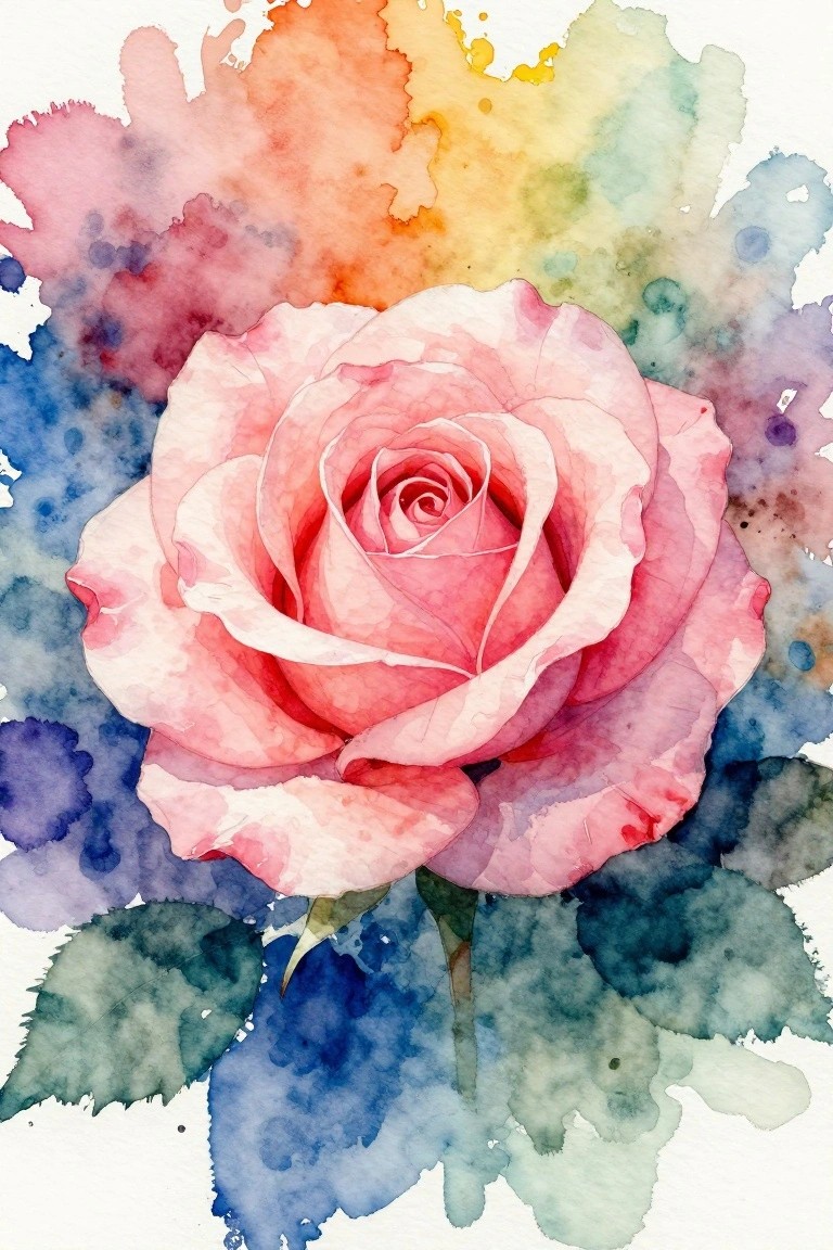 Watercolor pink rose in bloom with vibrant multicolored splashes and blue-green leaves.
