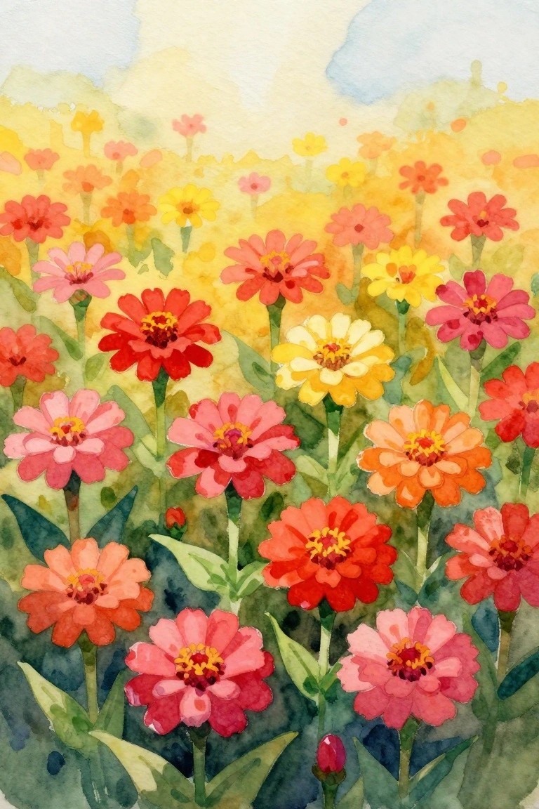 Vibrant watercolor field of blooming red, pink, orange, and yellow zinnias.