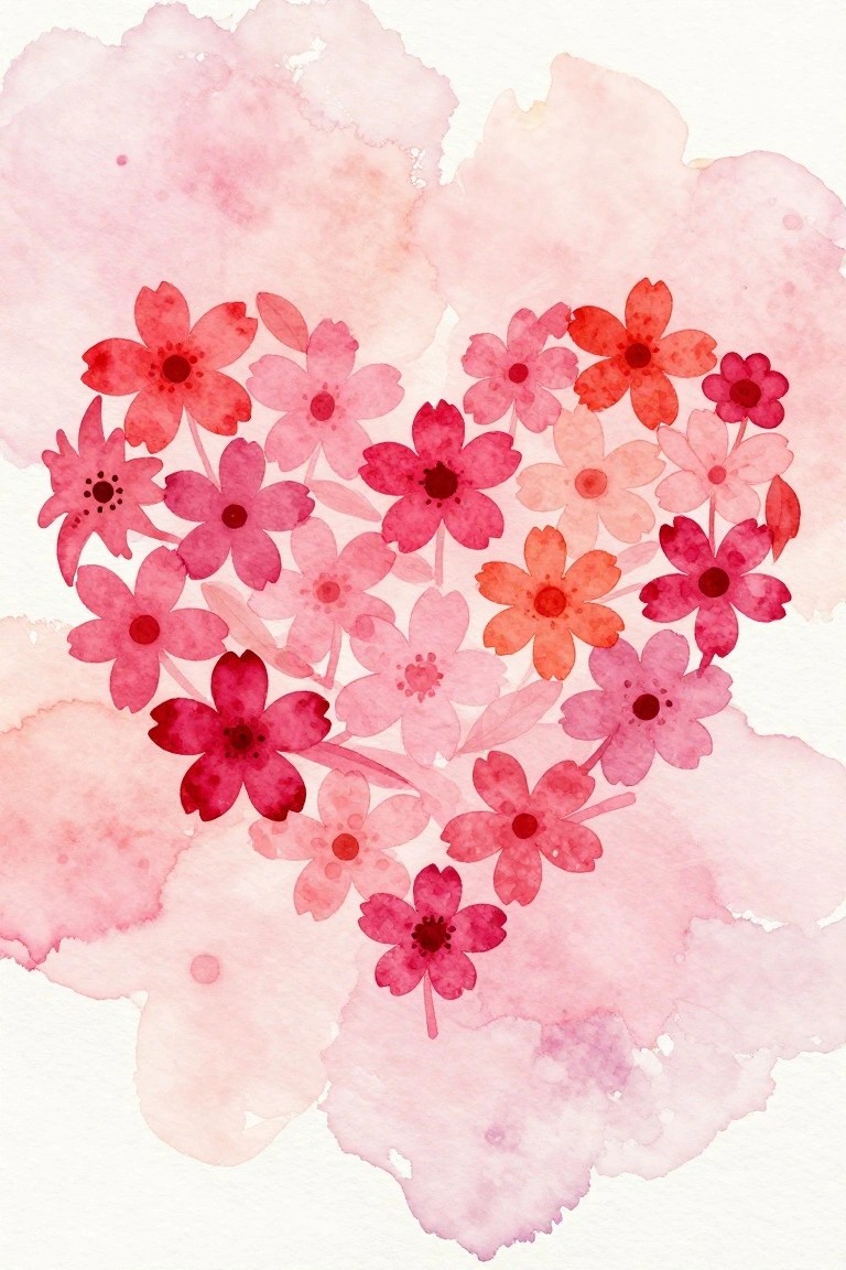 Pink and red watercolor flowers arranged in heart shape on soft pink background
