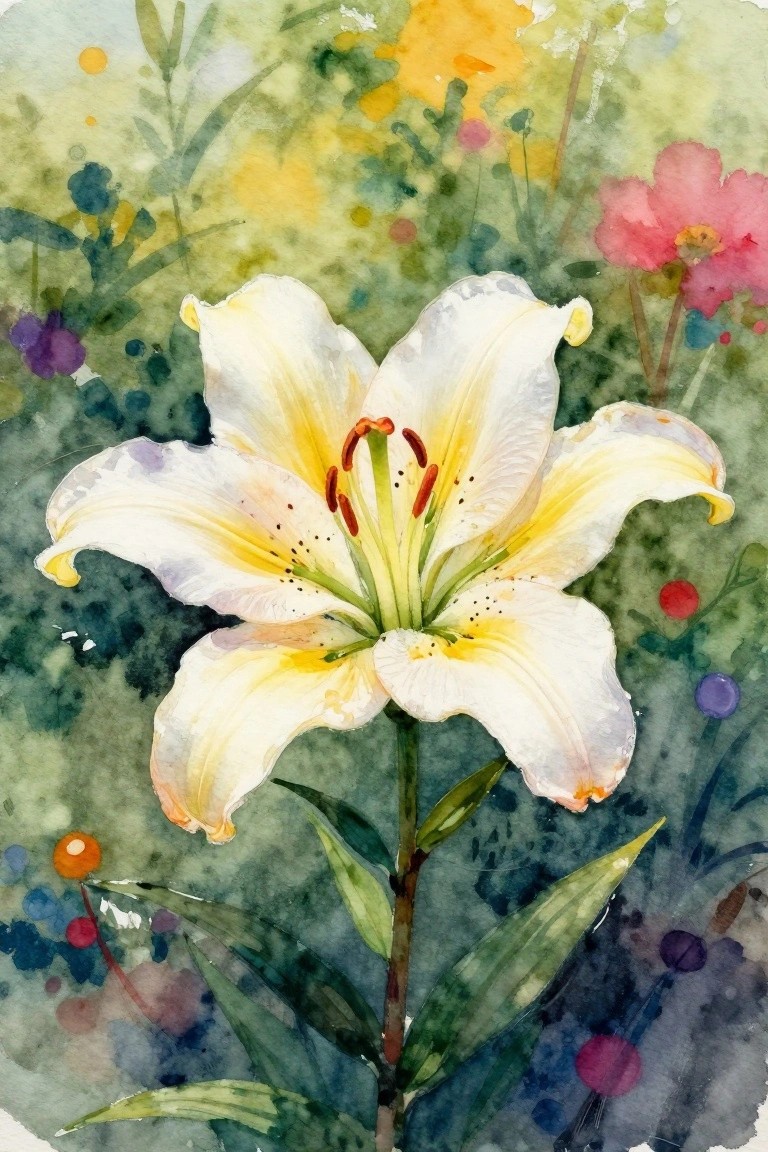 Watercolor painting of white lily with yellow stamens amid green leaves and colorful blooms.