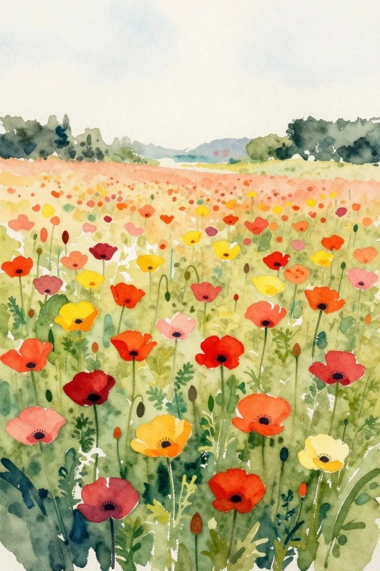 Watercolor meadow blooming with red, orange, and yellow poppies amid green foliage.