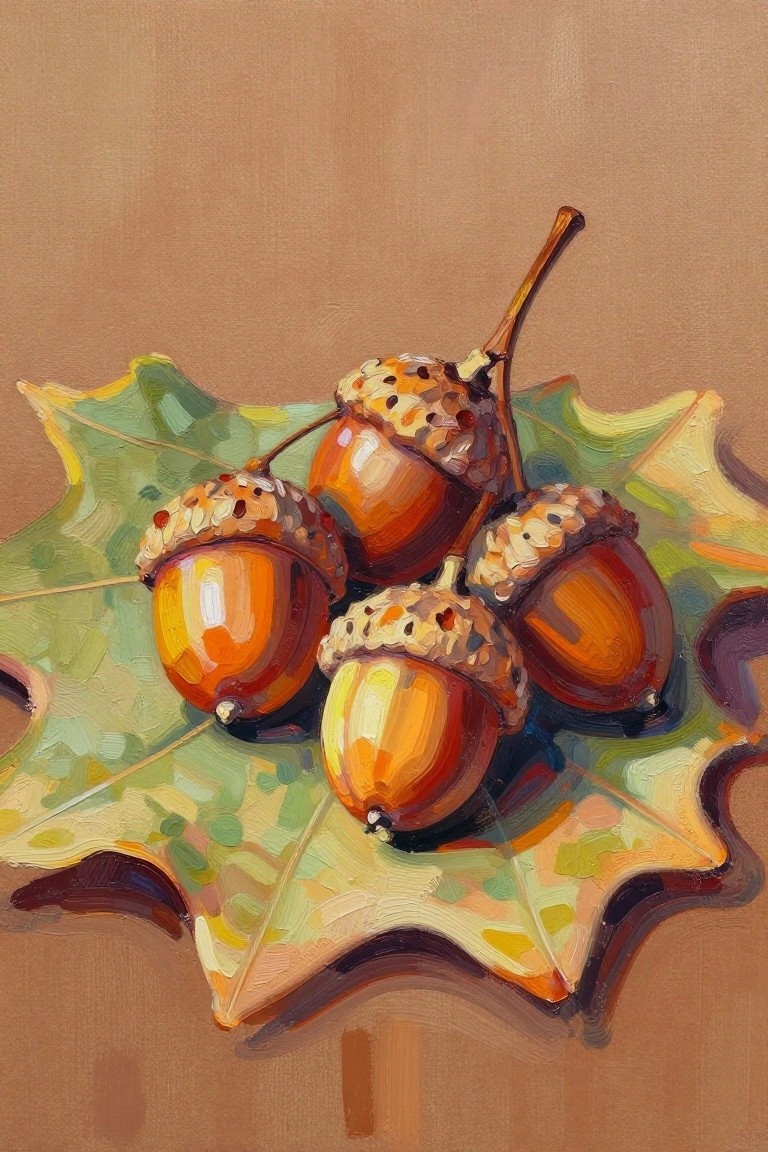 Realistic oil painting of brown acorns on a green and yellow oak leaf.
