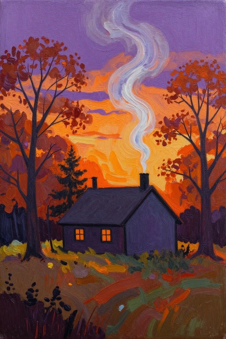 Colorful painting of purple cabin with swirling chimney smoke amid autumn trees at sunset.