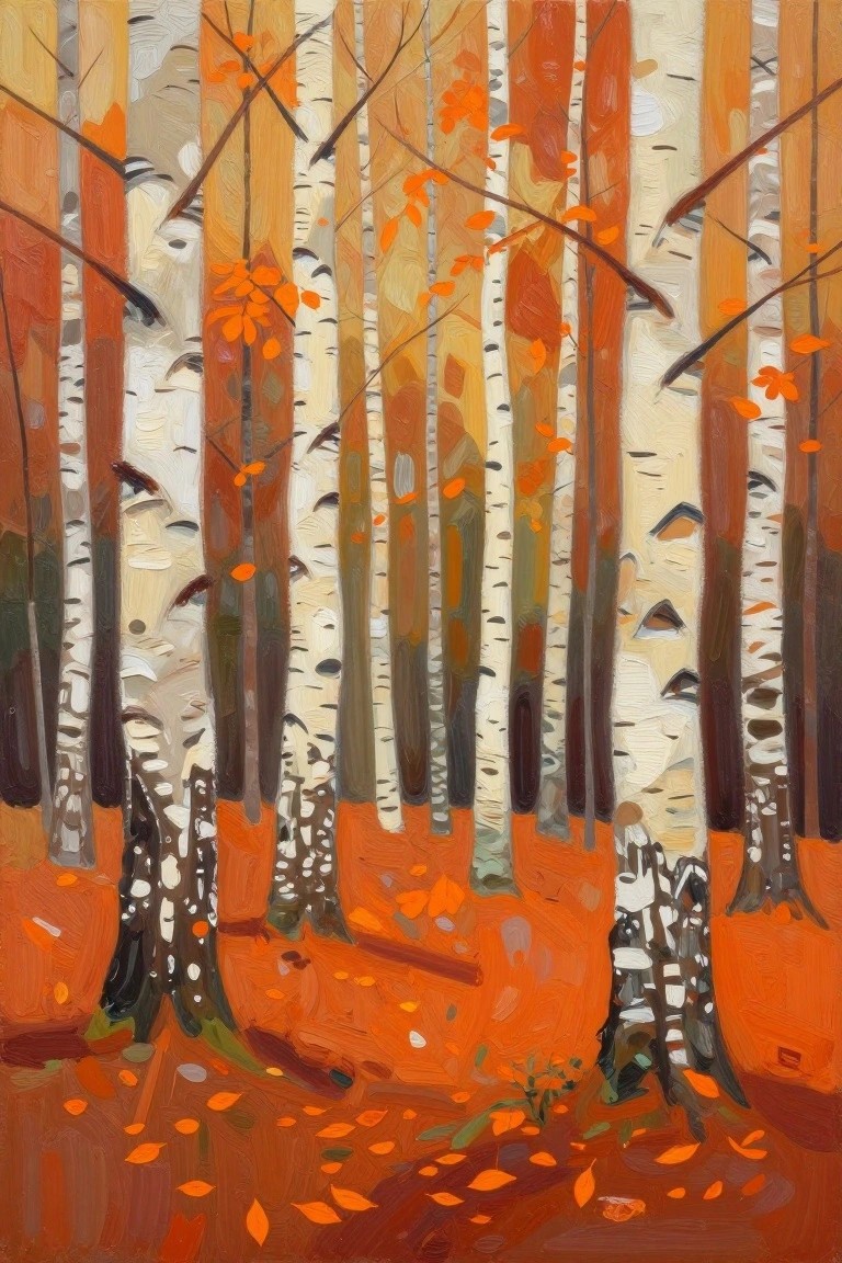 Autumn birch forest with vibrant orange leaves amid tall white-brown trunks