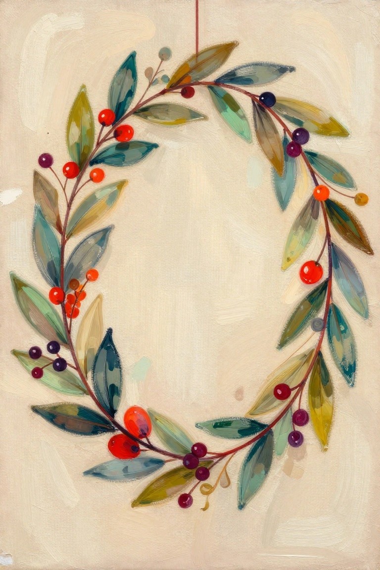 Colorful painted wreath of green leaves and red-purple berries hanging by string.