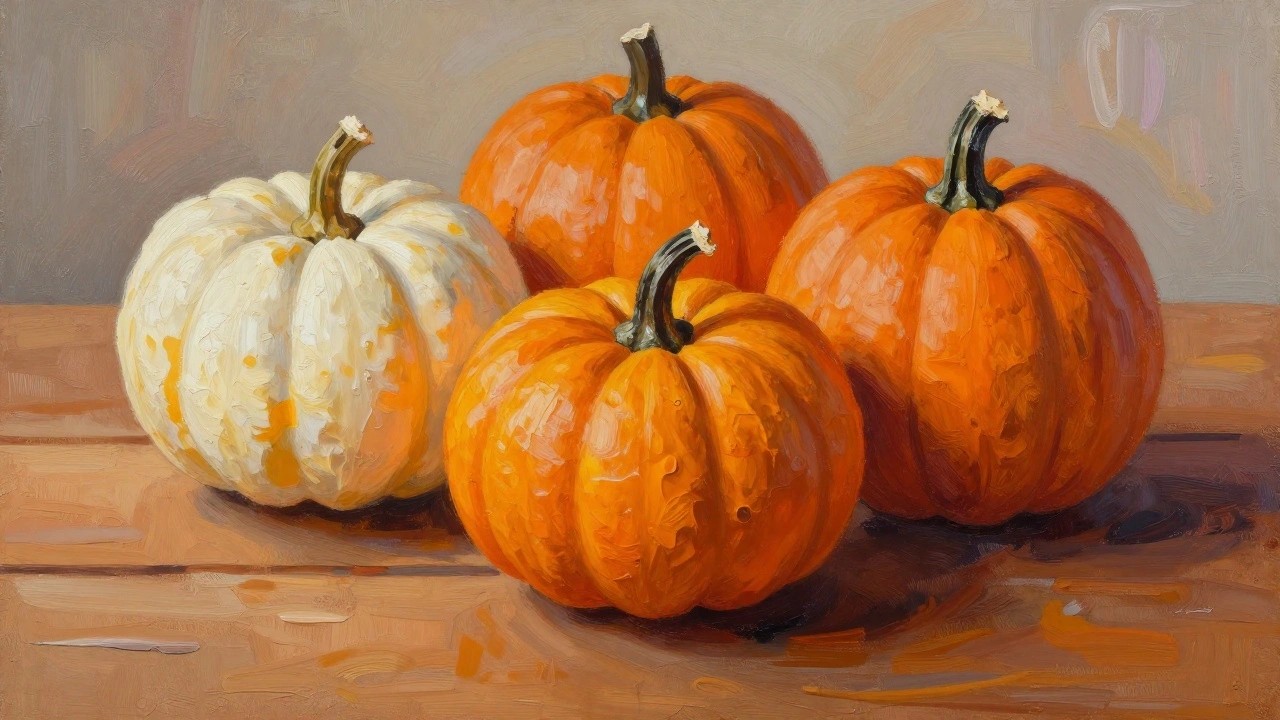 Three orange pumpkins with stems on wooden surface, oil painting style