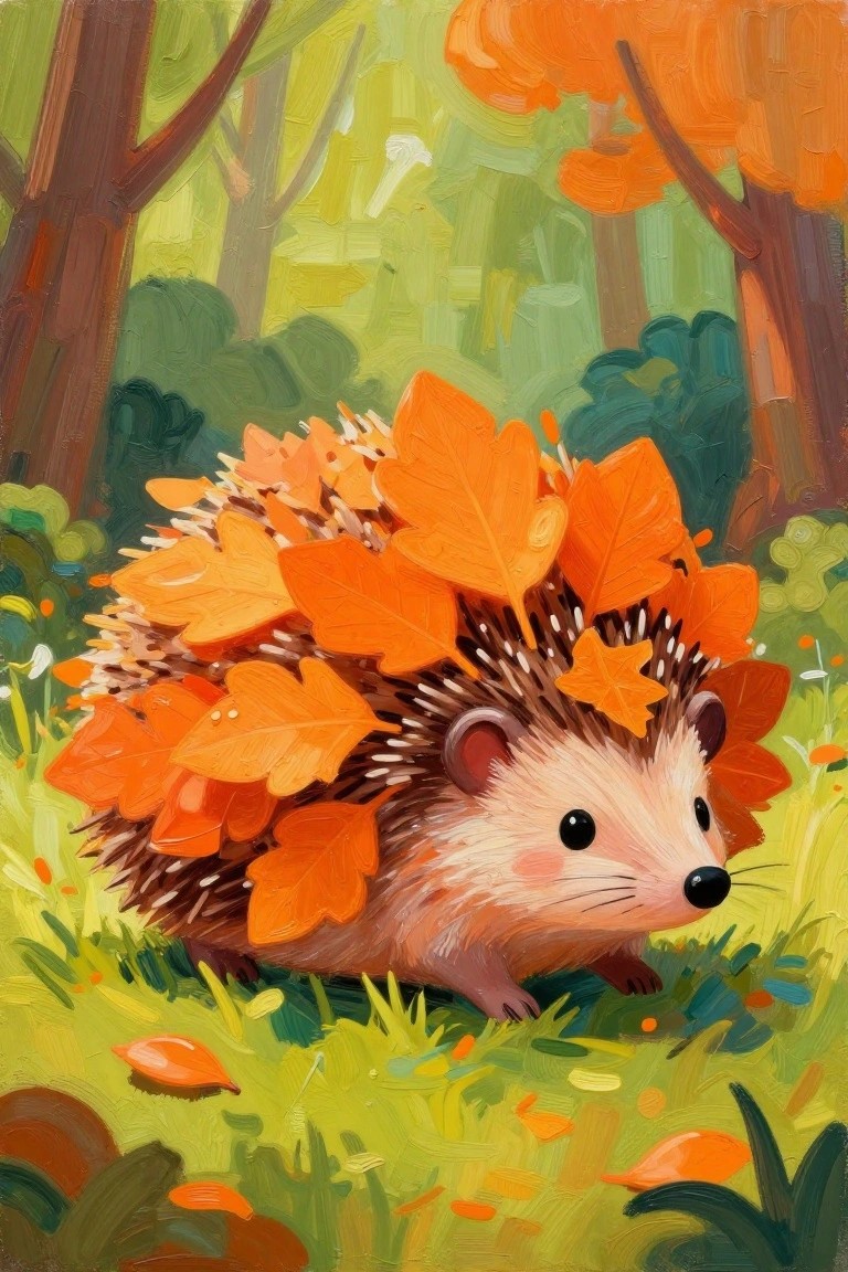 Hedgehog covered in bright orange leaves in a colorful autumn forest painting