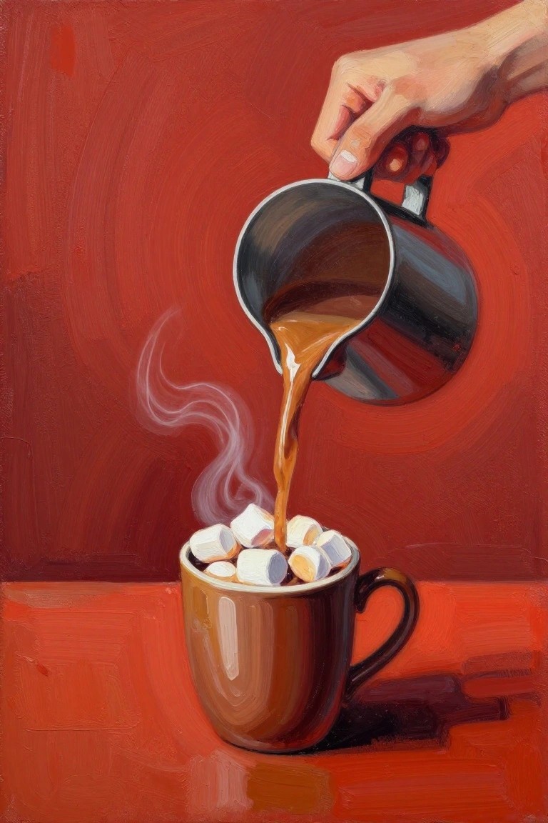 Hand pours steaming cocoa from metal pitcher into marshmallow-filled brown mug on red surface.