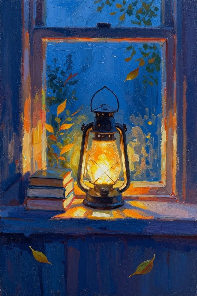 Lit lantern and books on blue windowsill with glowing night foliage, oil painting