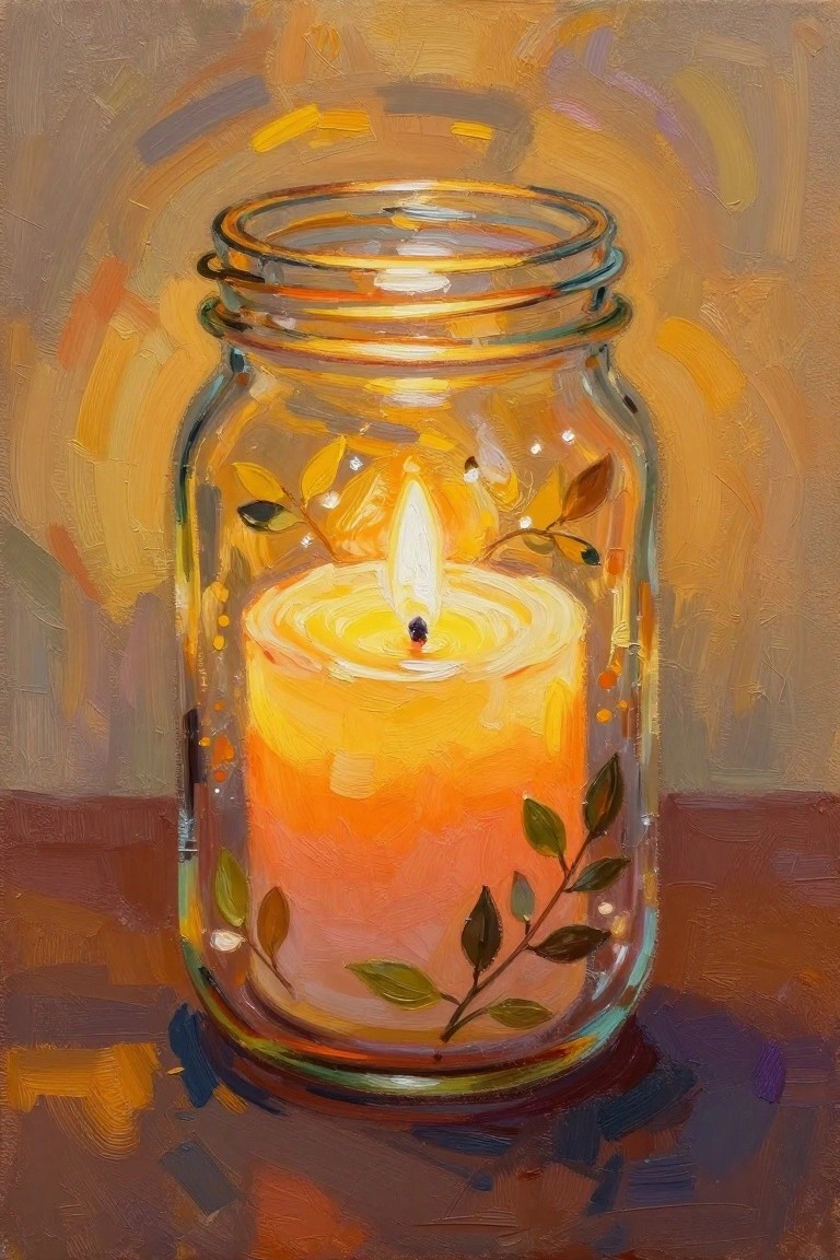 A painting of a lit candle inside a clear glass mason jar with green and brown leaves painted on the surface.