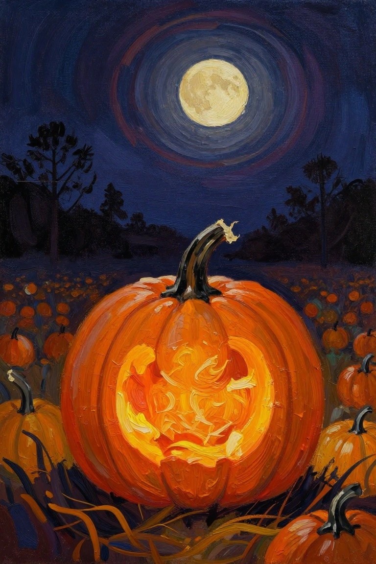 Painterly glowing jack-o'-lantern in moonlit pumpkin patch under swirling sky.