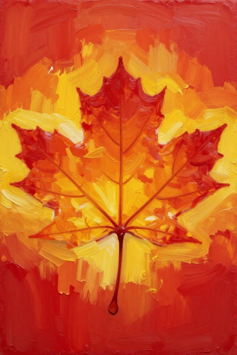 Vibrant red-orange maple leaf with yellow accents in thick oil brushstrokes