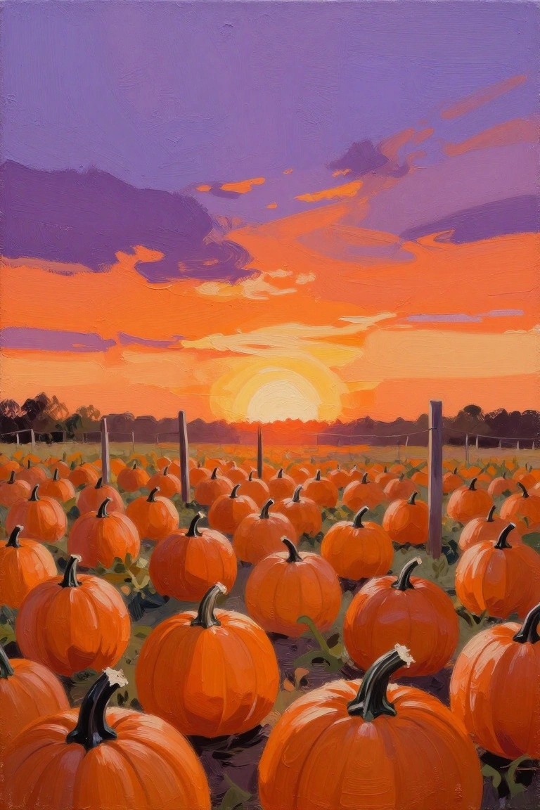 Rows of orange pumpkins in a field under a vibrant purple-orange sunset.
