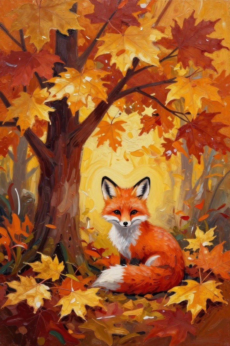 Vibrant orange fox resting amid colorful autumn maple leaves and trees