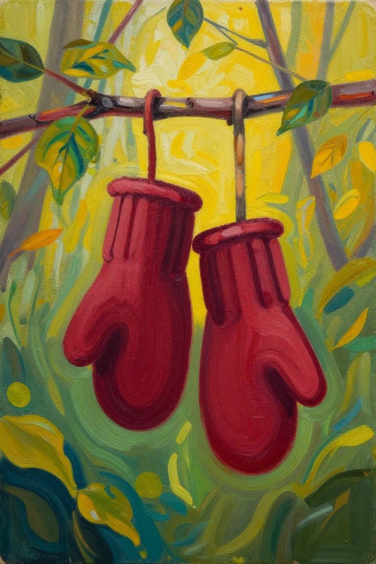 Two red mittens hanging from a branch in a vibrant forest painting