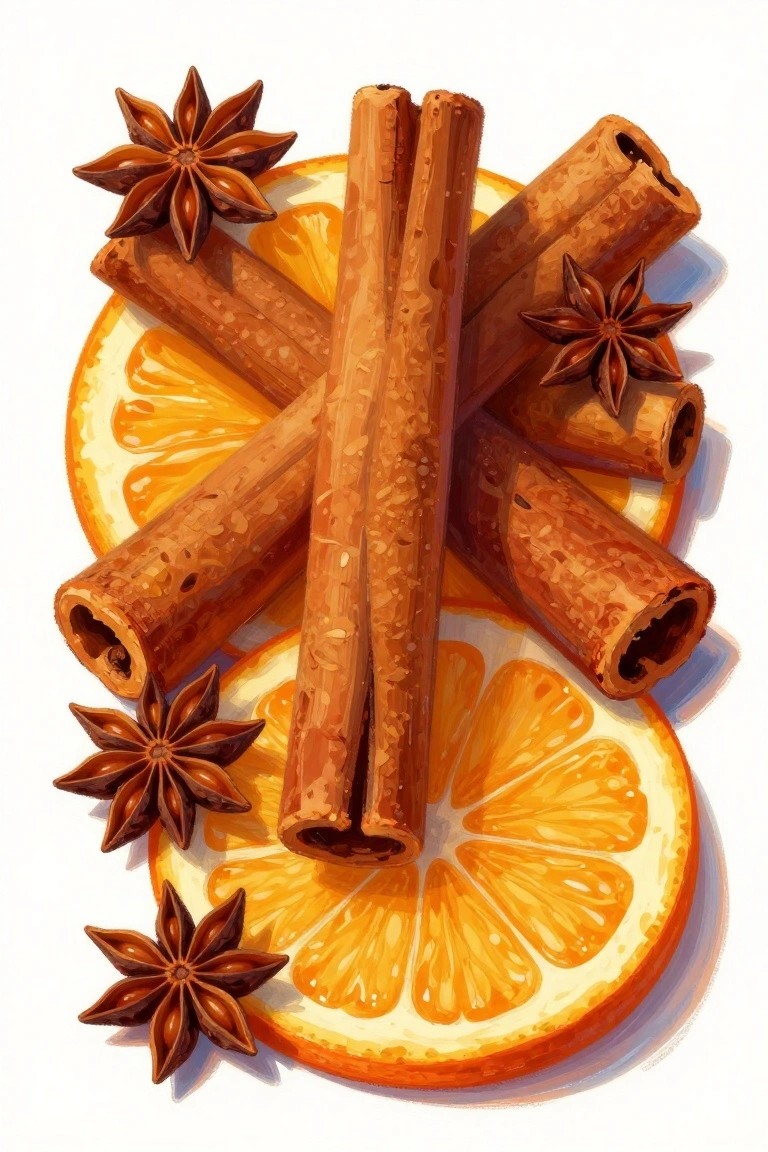 Cinnamon sticks, star anise, and orange slices in a vibrant illustrated pile.
