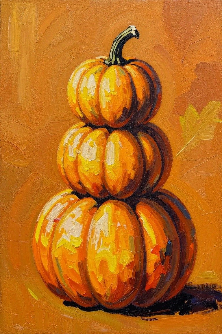 Three stacked orange pumpkins in textured oil painting with warm autumn tones.