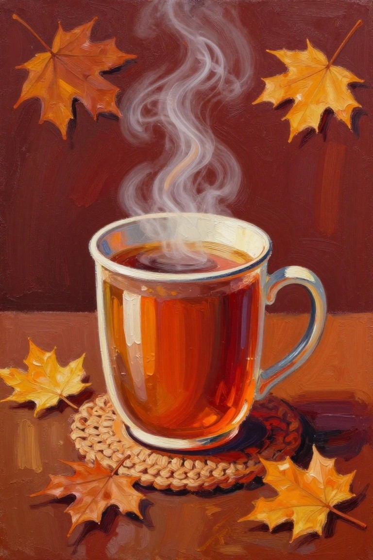Steaming glass mug of tea on woven coaster amid autumn maple leaves, oil painting style