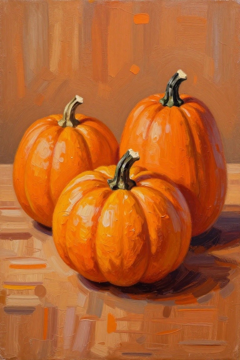 Three orange pumpkins with stems on wooden surface, oil painting style