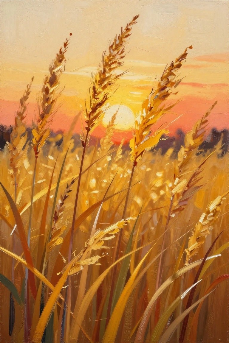 Golden wheat stalks in a sunlit field beneath a vibrant orange sunset sky