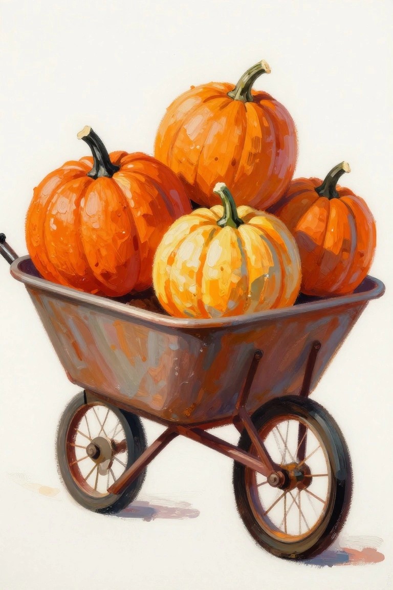 Rusty wheelbarrow piled with vibrant orange pumpkins in painterly style.