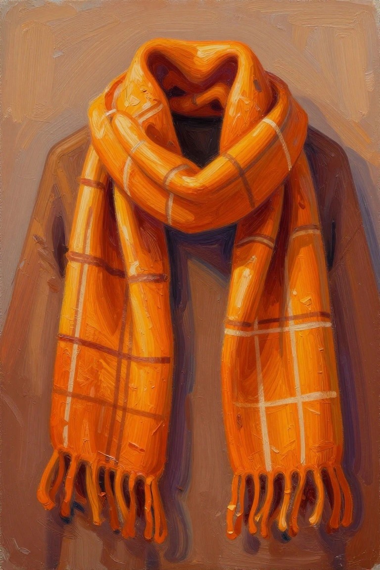 Bright orange plaid scarf with fringes wrapped around brown coat collar.