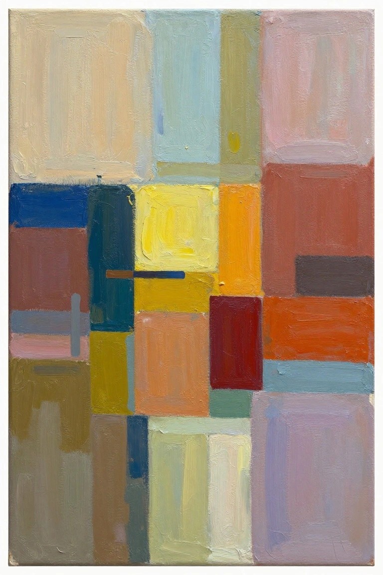 An abstract acrylic painting made of overlapping rectangles in beige, blue, pink, yellow, orange, red, and brown tones.