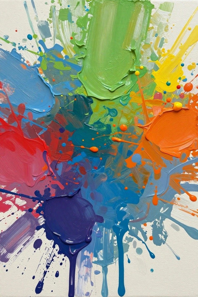Vibrant abstract painting with thick colorful paint splatters, drips, and strokes