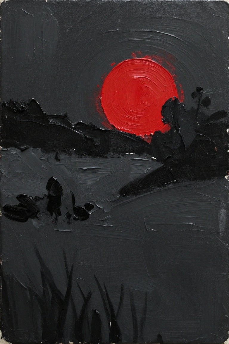 Thickly textured painting of red sun over black silhouetted hills and foreground grass.