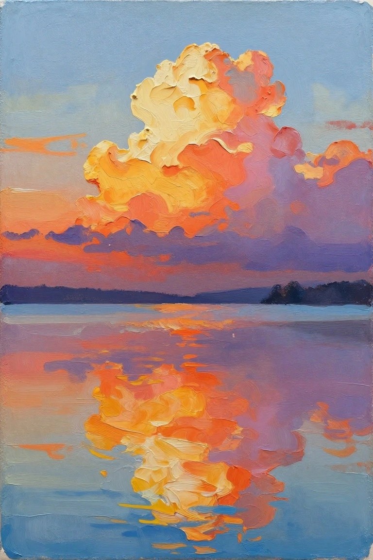 Impasto painting of vibrant orange clouds reflecting in calm purple-blue water