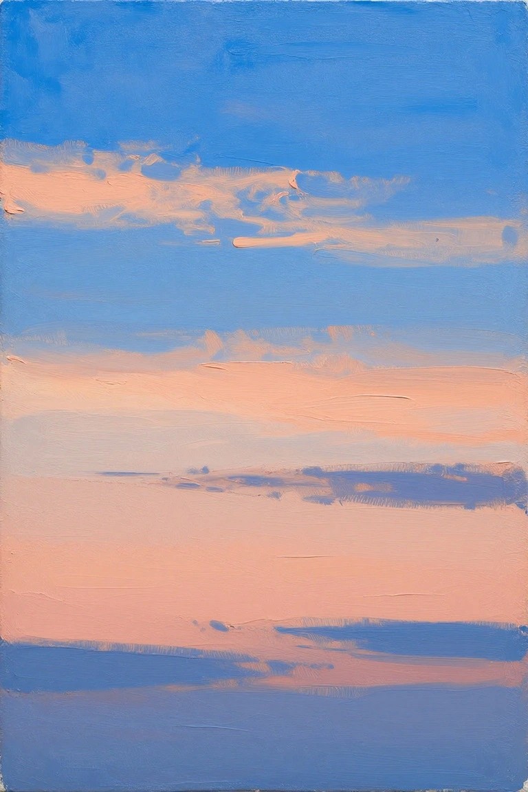 Abstract painting of blue sky with horizontal peach and orange brushstrokes.