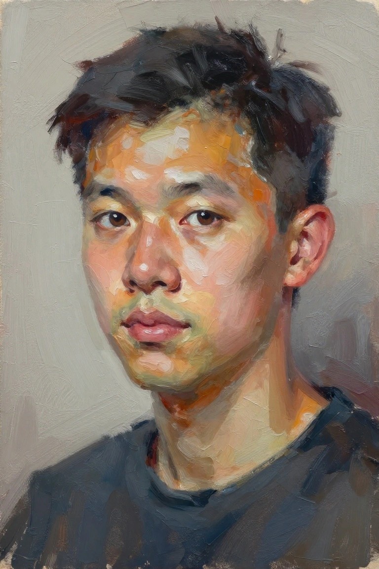 Young Asian man with tousled dark hair in black shirt, textured oil portrait